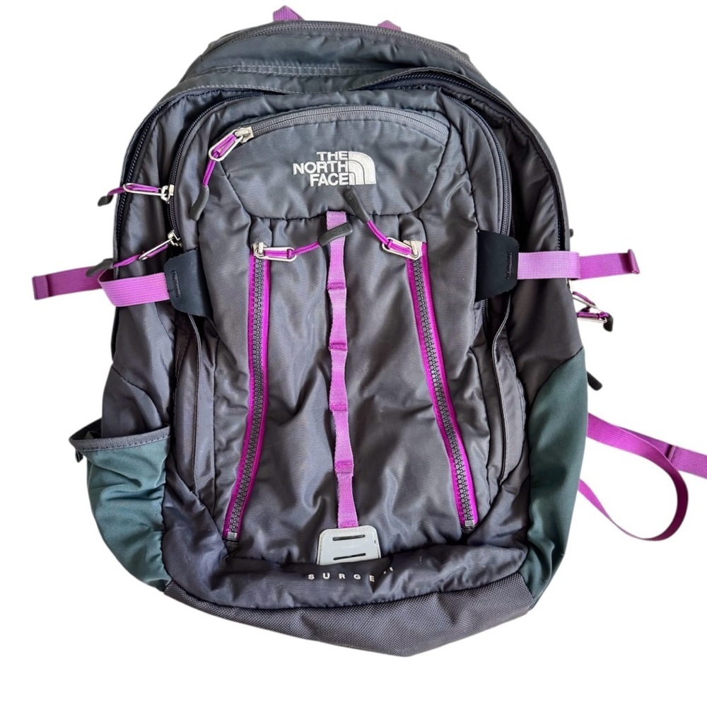 North Face Surge II Backpack Hike Camp Outdoors School laptop bag Gray Purple